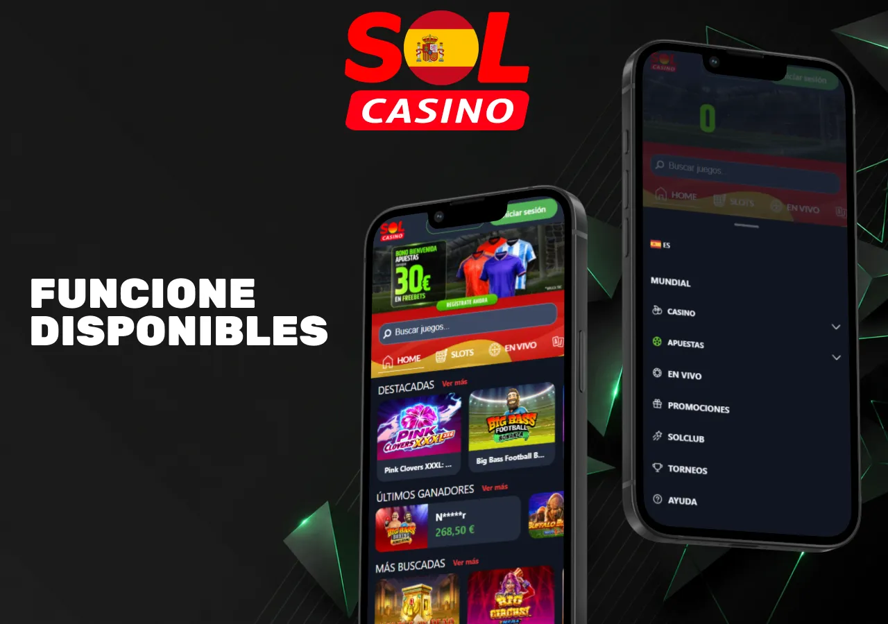 Funciones de la app de Casino con casino, apuestas deportivas, juegos en vivo y gestión del perfil